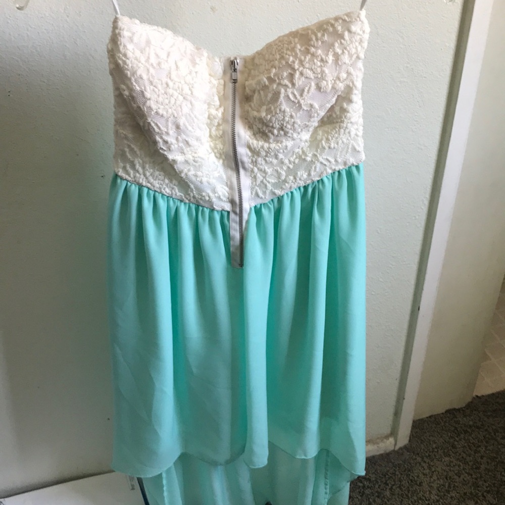 Strapless white and turquoise dress